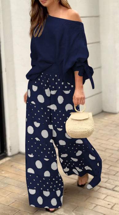 New Off-shoulder Bow Cuff Top Printed Wide Leg Pants Suit