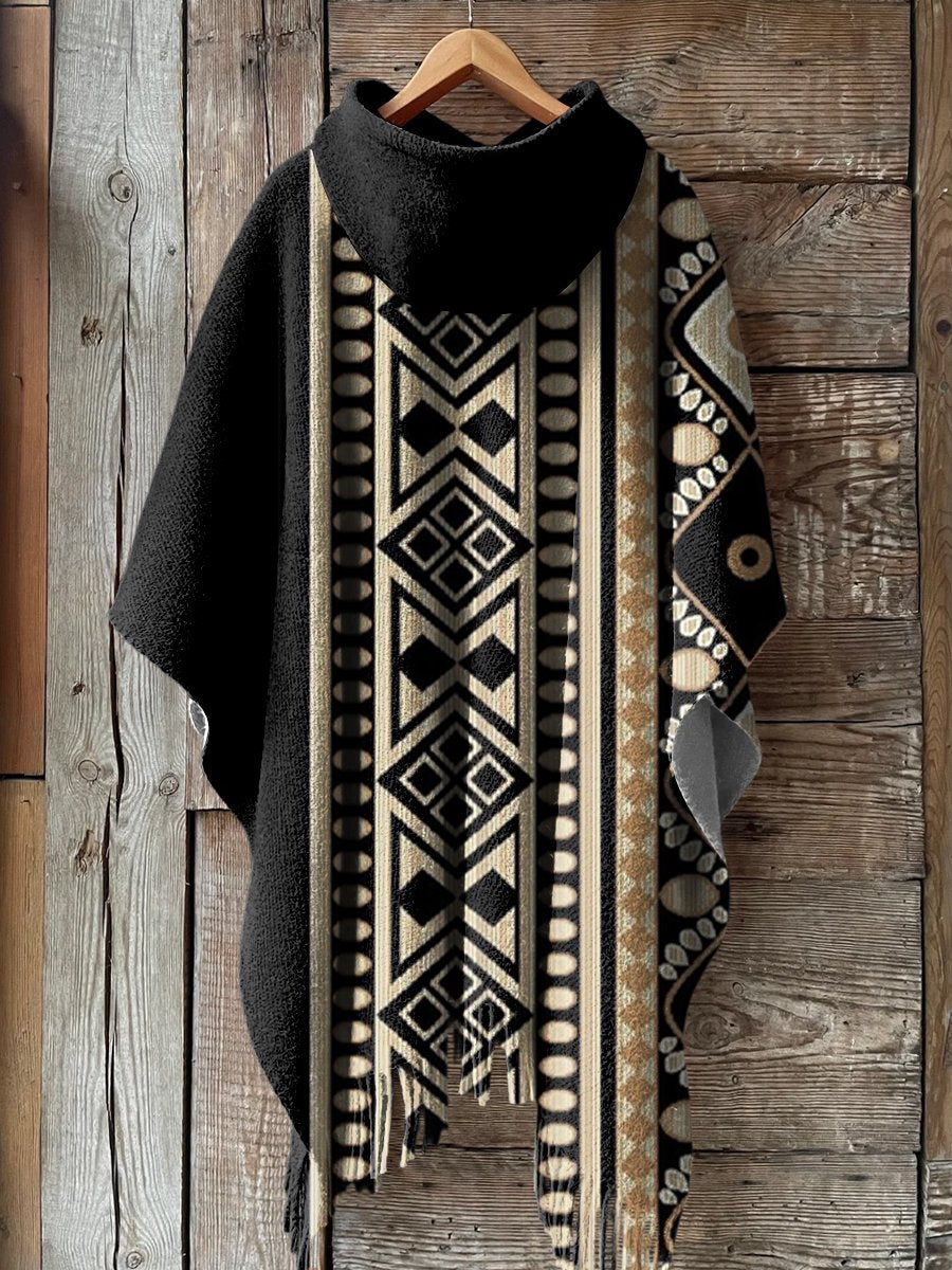 Women's Black Vintage Aztec Print Casual Knitted Blanket Poncho Hood Cape