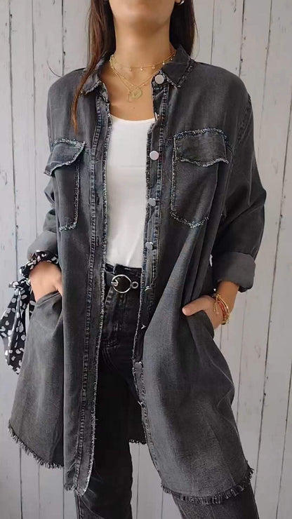 Faux Denim Comfortable Long Coat Shirt