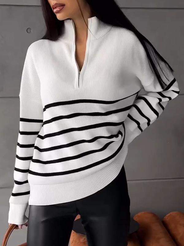 Women's Stand Collar Striped Knitted Top