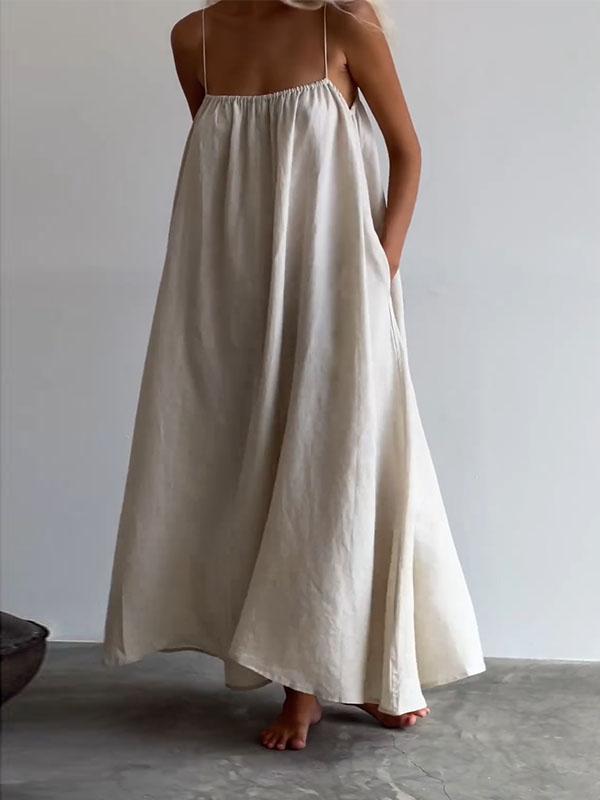 Solid Color Round Neck Cotton and Linen Dress