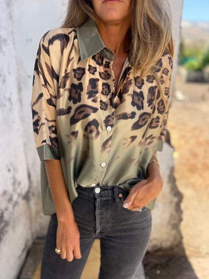 Women's Leopard Print Lapel Mid-sleeve Shirt