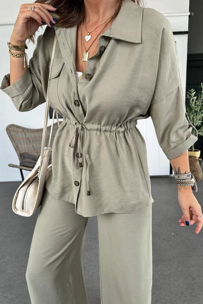 Women's solid color drawstring shirt and trousers set