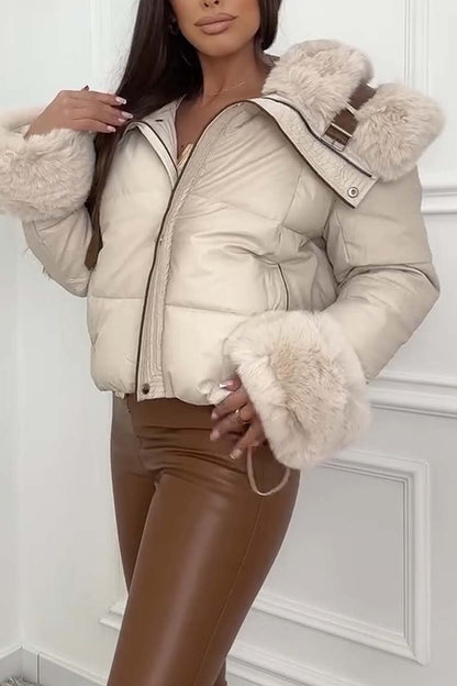 Women's casual fur patchwork short cotton coat