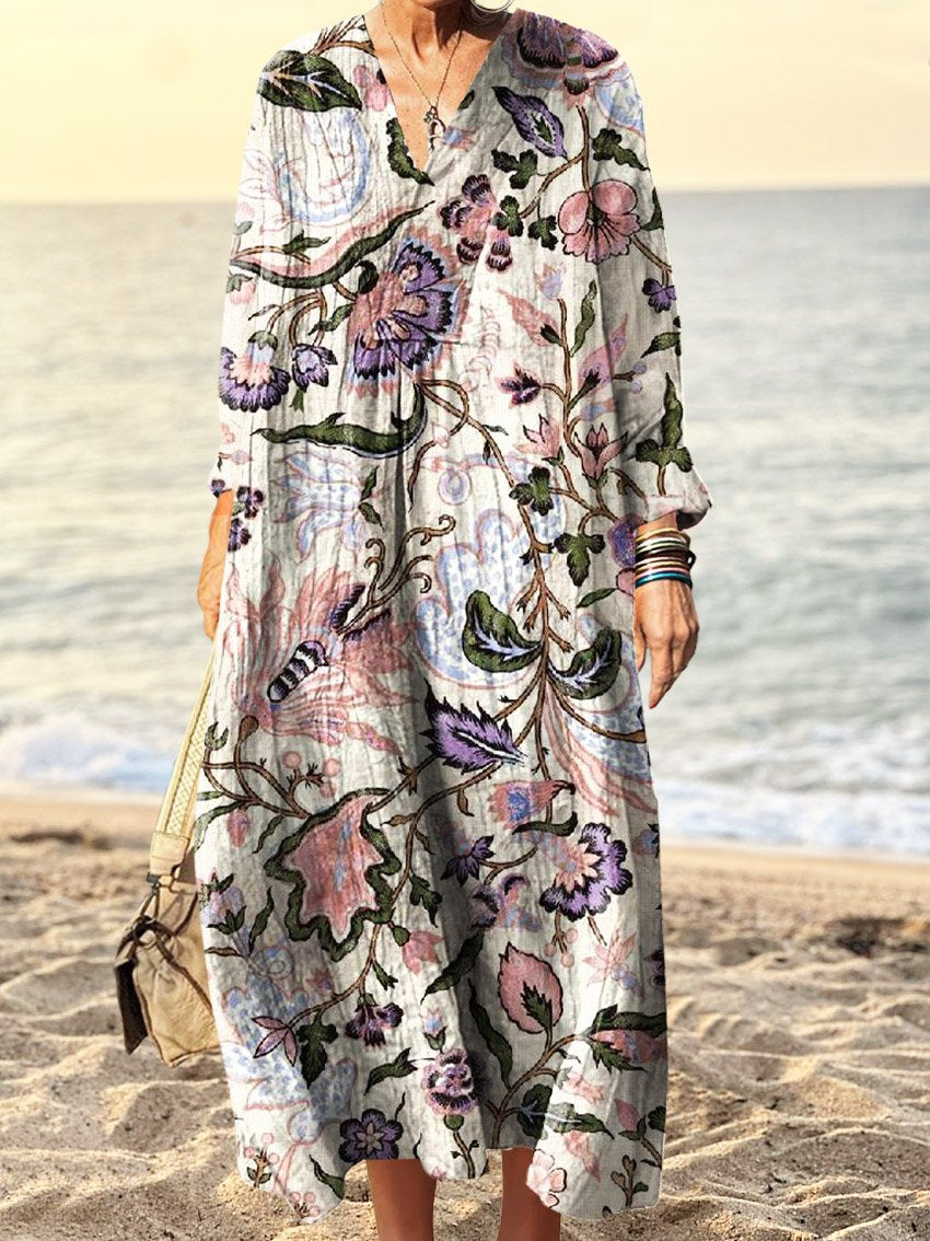 Women's Floral Art Print Dress Print V Neck Long Sleeve Dress