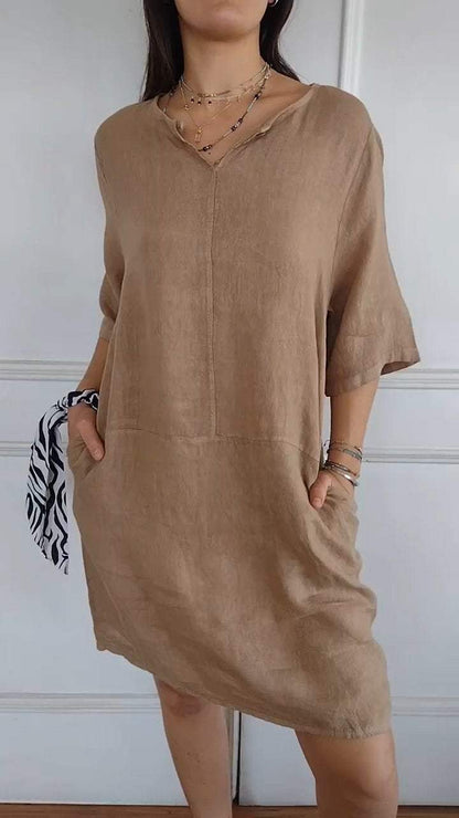 Women's V-neck Sleeve Cotton and Linen Casual Dress