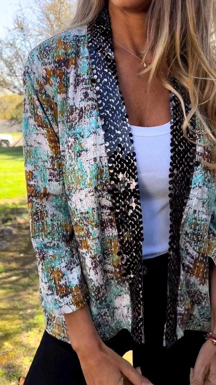 Sequin Patchwork Printed Cardigan