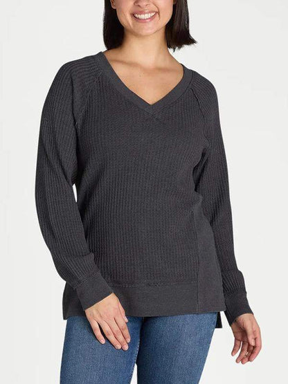 Women's V-neck Solid Color Waffle Top