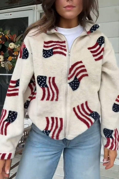 Flag Plush Zipper Long Sleeve Jacket