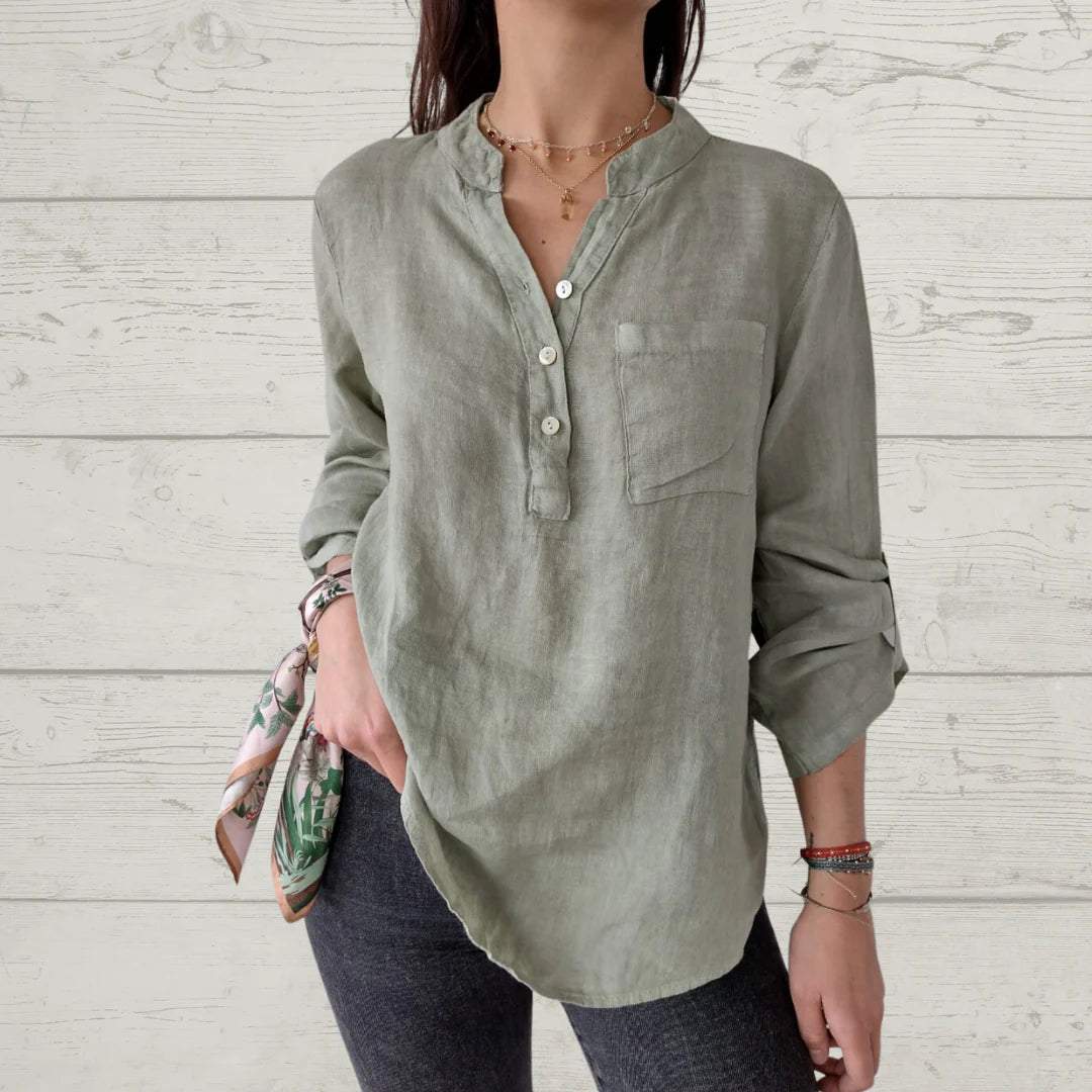 Women's V-neck Mid-sleeve Cotton and Linen Casual Top