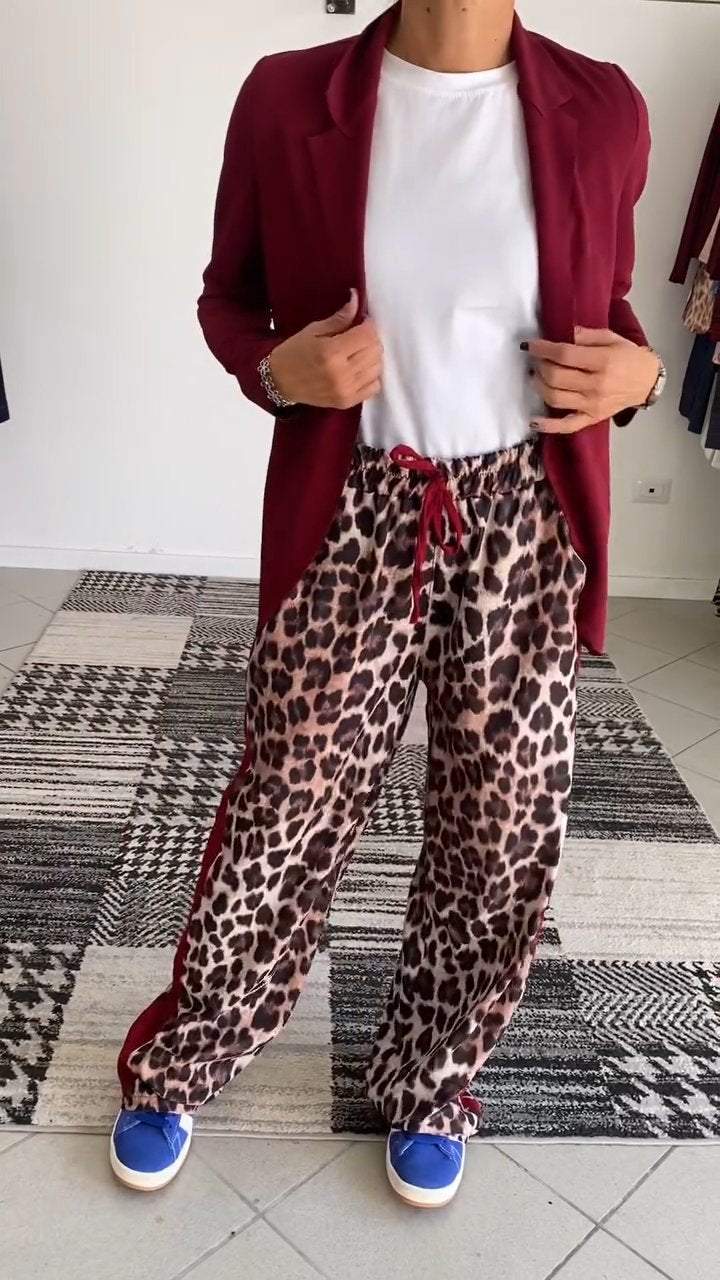 Women's Solid Color Suit Jacket Leopard Pant Suit