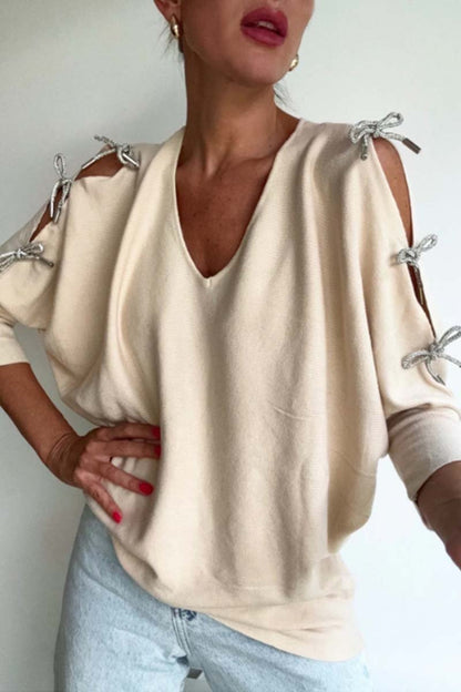 Women's Tie-Shoulder V-Neck Long Sleeve Sweater