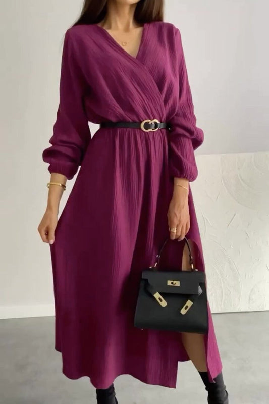 Women's V-neck solid color midi dress