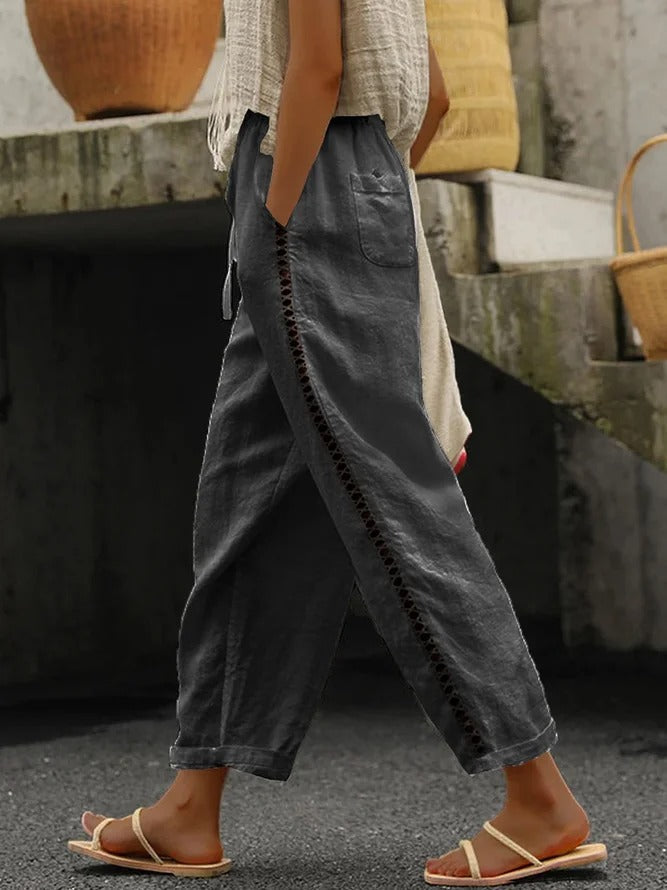 Loose Casual Hollow Out Lace Pockets Drawstring Waist Plain Linen Pants