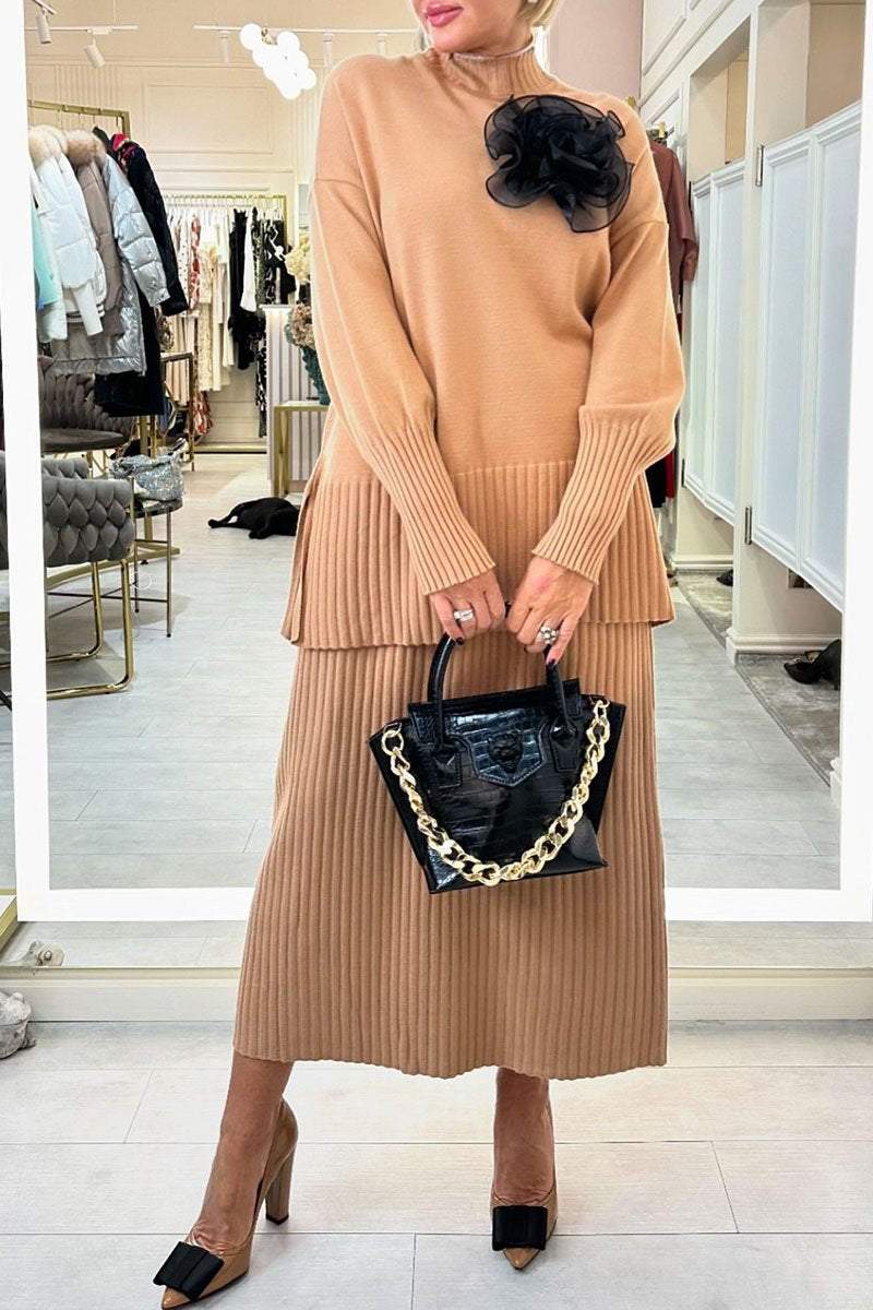 Women's Turtleneck Long Sleeve Sweater Skirt Two Piece Set