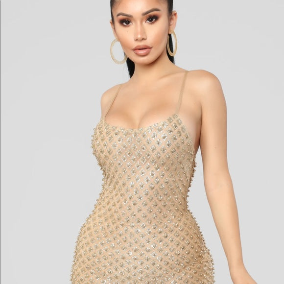 Christmas Heavy Gold Beaded Low-Cut Hip Wrap Dress