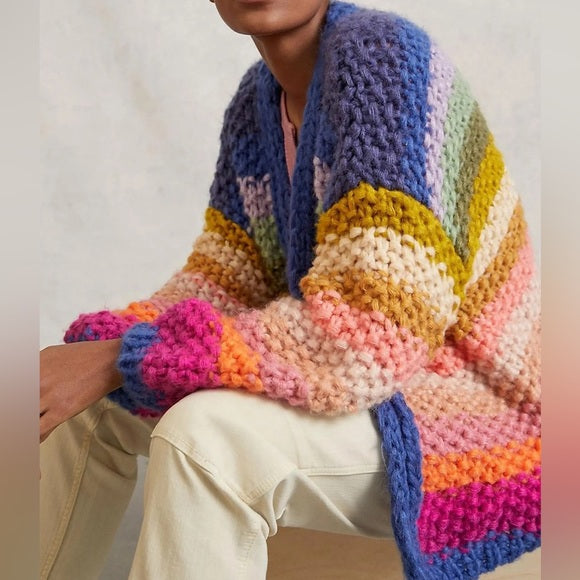 Colored Lantern Sleeve Knitted Cardigan