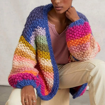 Colored Lantern Sleeve Knitted Cardigan