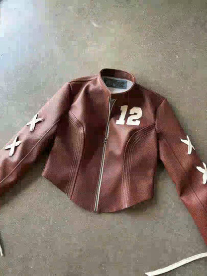 Lace-up lettering leather jacket