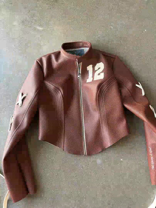 Lace-up lettering leather jacket