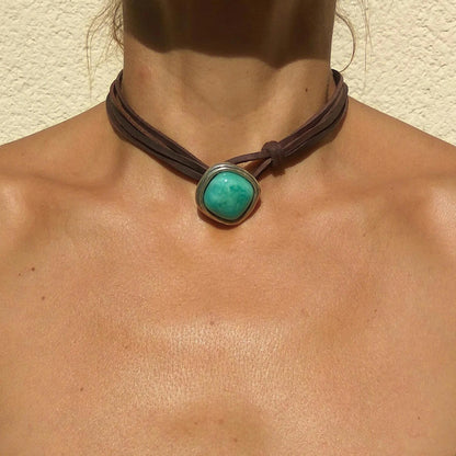 Turquoise Alloy Leather Cord Pendant