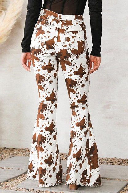 Cow Print High-Waisted Flared Pants