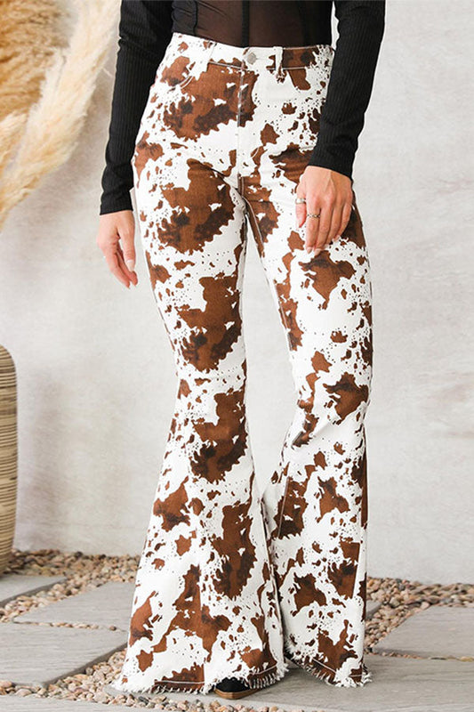 Cow Print High-Waisted Flared Pants