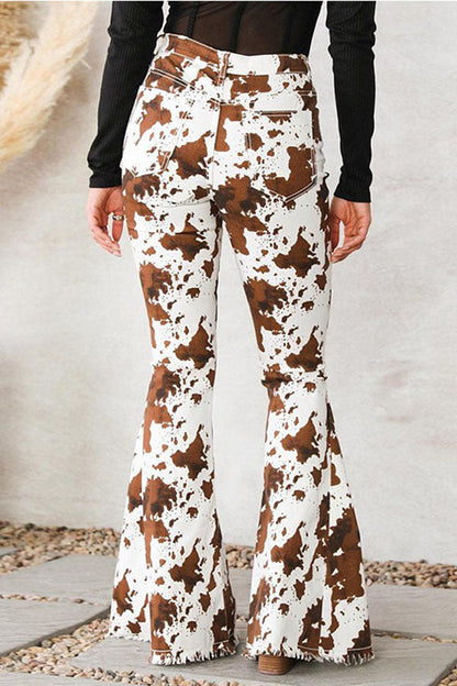 Cow Print High-Waisted Flared Pants