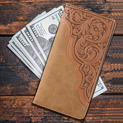 Embossed Floral  Men's Bifold Long PU Leather Wallet