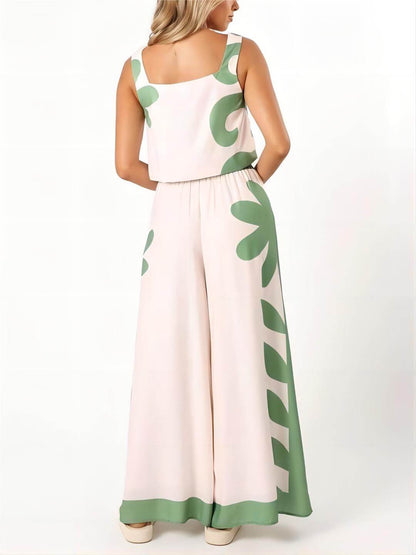 Sleeveless Ethnic Floral Loose Wide Leg Pant Two-Piece Set