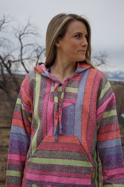 Pink Multi Rainbow Mexican Drug Rug Baja Hoodie