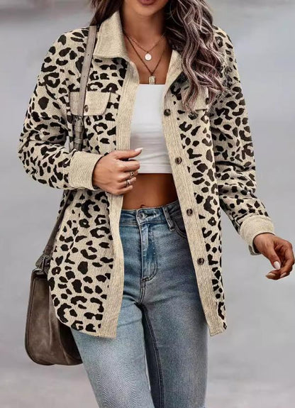 Women's Autumn and Winter Leopard Print Button Long Sleeve Jacket