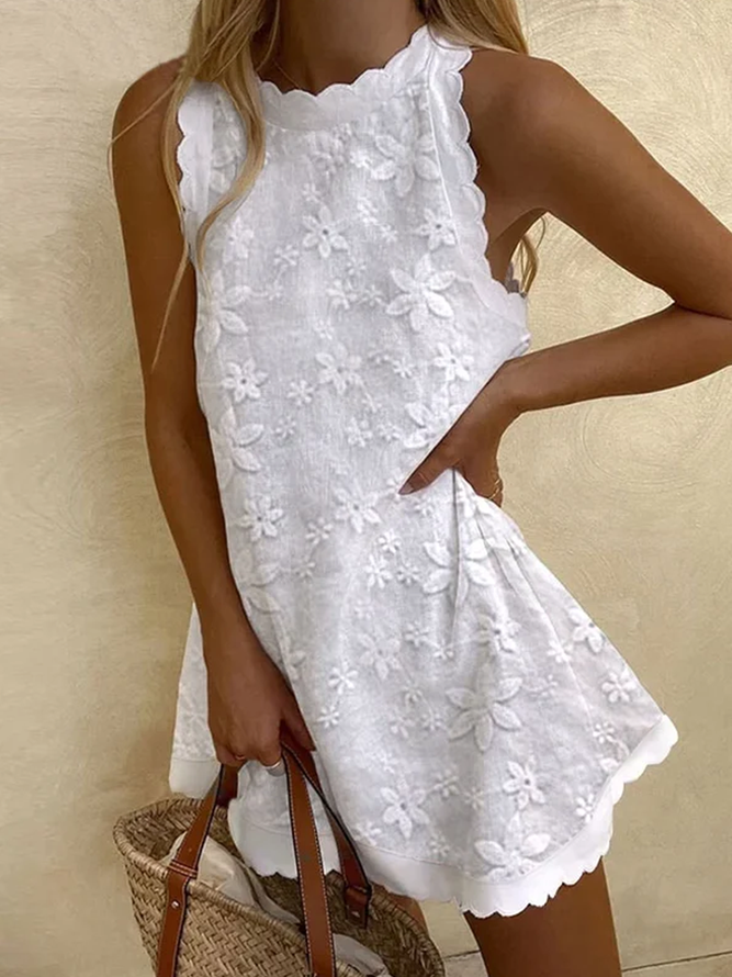 Women Plain Floral Lace Elegant Loose Sleeveless Cotton And Linen Ruffles Dress