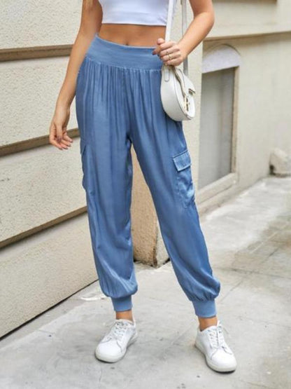 Casual Pocket Satin Elastic waist Pants