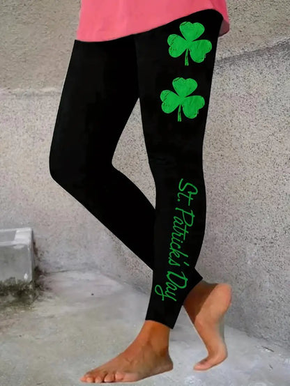 Women's Casual Elastic Waist Stretchy Clover Print Skinny Leggings