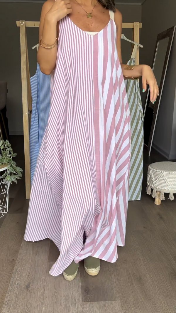 Striped casual full skirt dress