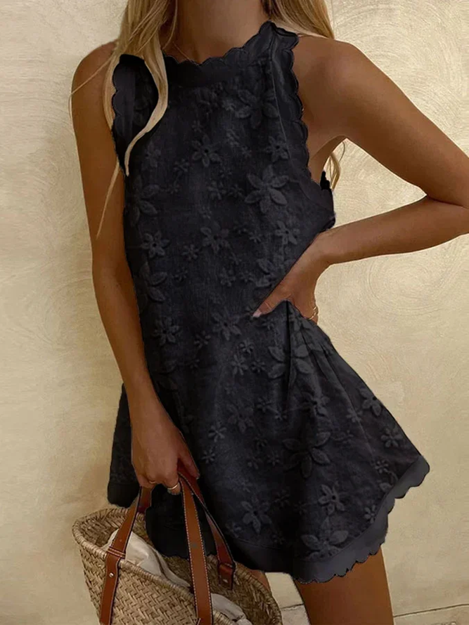 Women Plain Floral Lace Elegant Loose Sleeveless Cotton And Linen Ruffles Dress