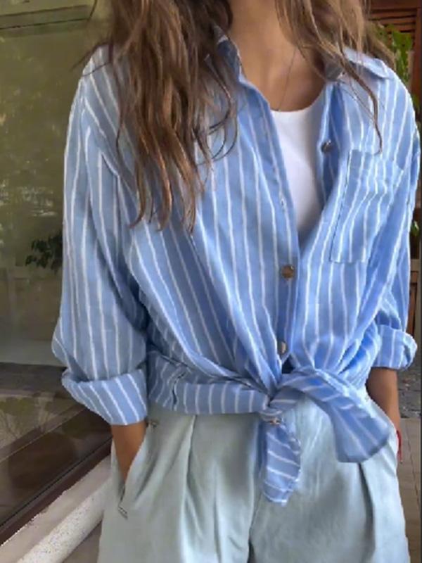 Women's casual cotton and linen striped shirt tops