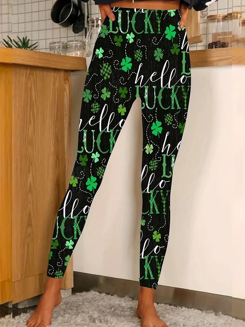 Women's Casual Elastic Waist Stretchy Clover Print Skinny Leggings