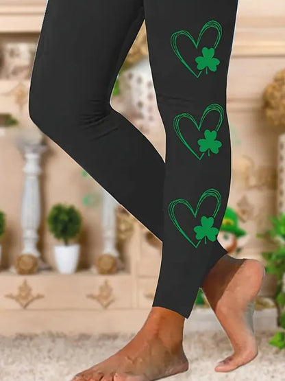 Women's Casual Elastic Waist Stretchy Clover Print Skinny Leggings