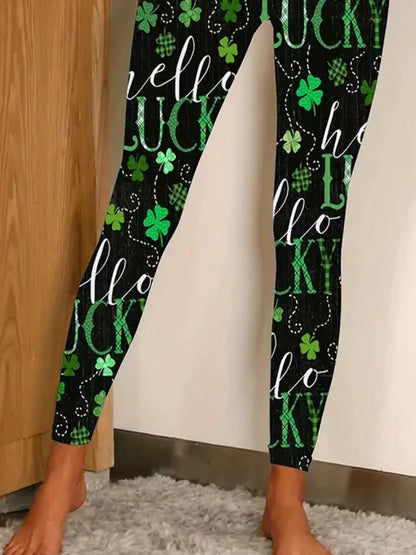 Women's Casual Elastic Waist Stretchy Clover Print Skinny Leggings