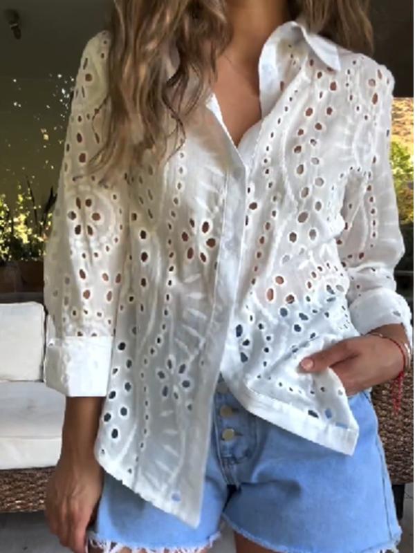 Women's casual cotton and linen hollow shirt tops