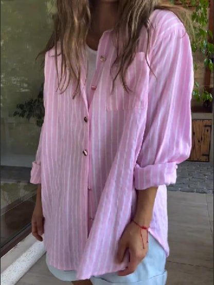 Women's casual cotton and linen striped shirt tops