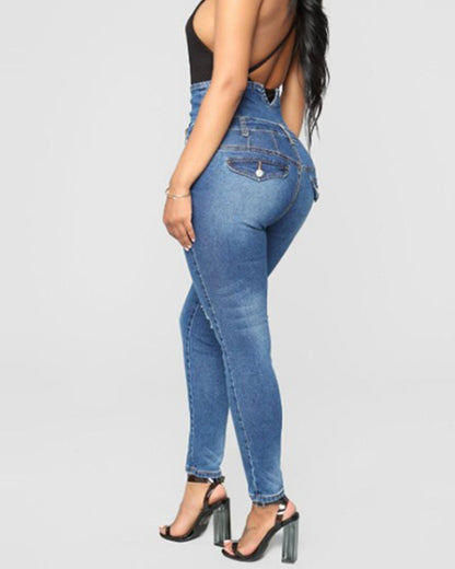 High Waist Four-Breasted Stretch Slim-Fit Denim Pants