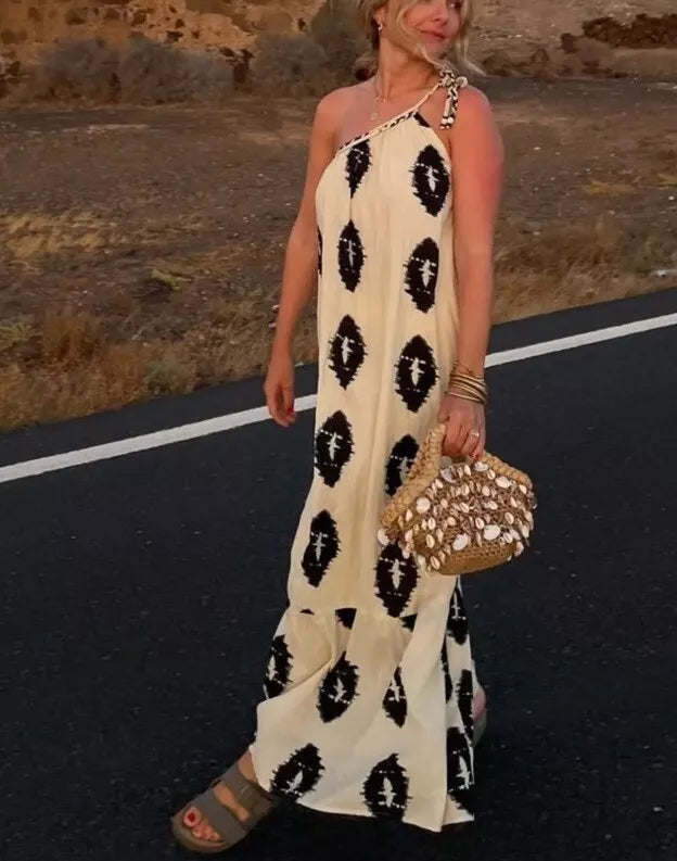 Printed Single Shoulder Maxi Dress