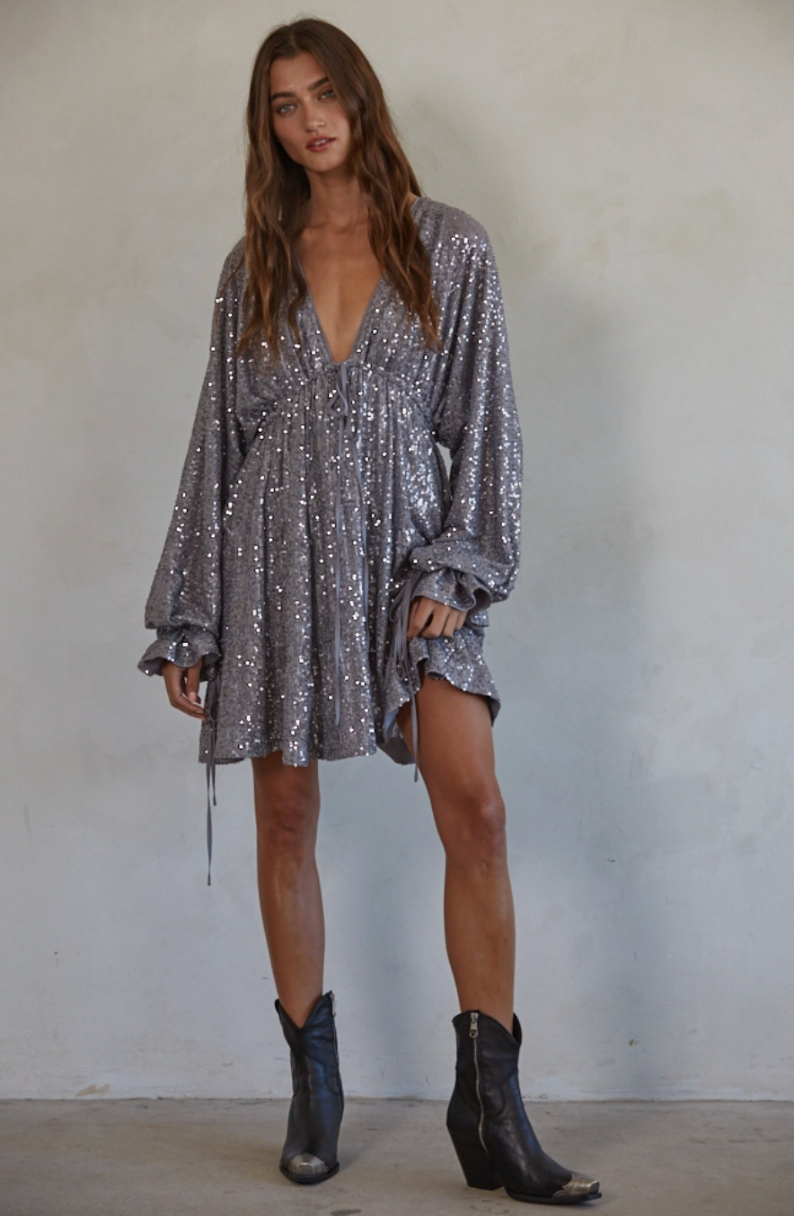 V-Neck Long Sleeve Drawstring Sequin Mini Dress