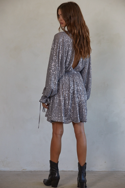 V-Neck Long Sleeve Drawstring Sequin Mini Dress