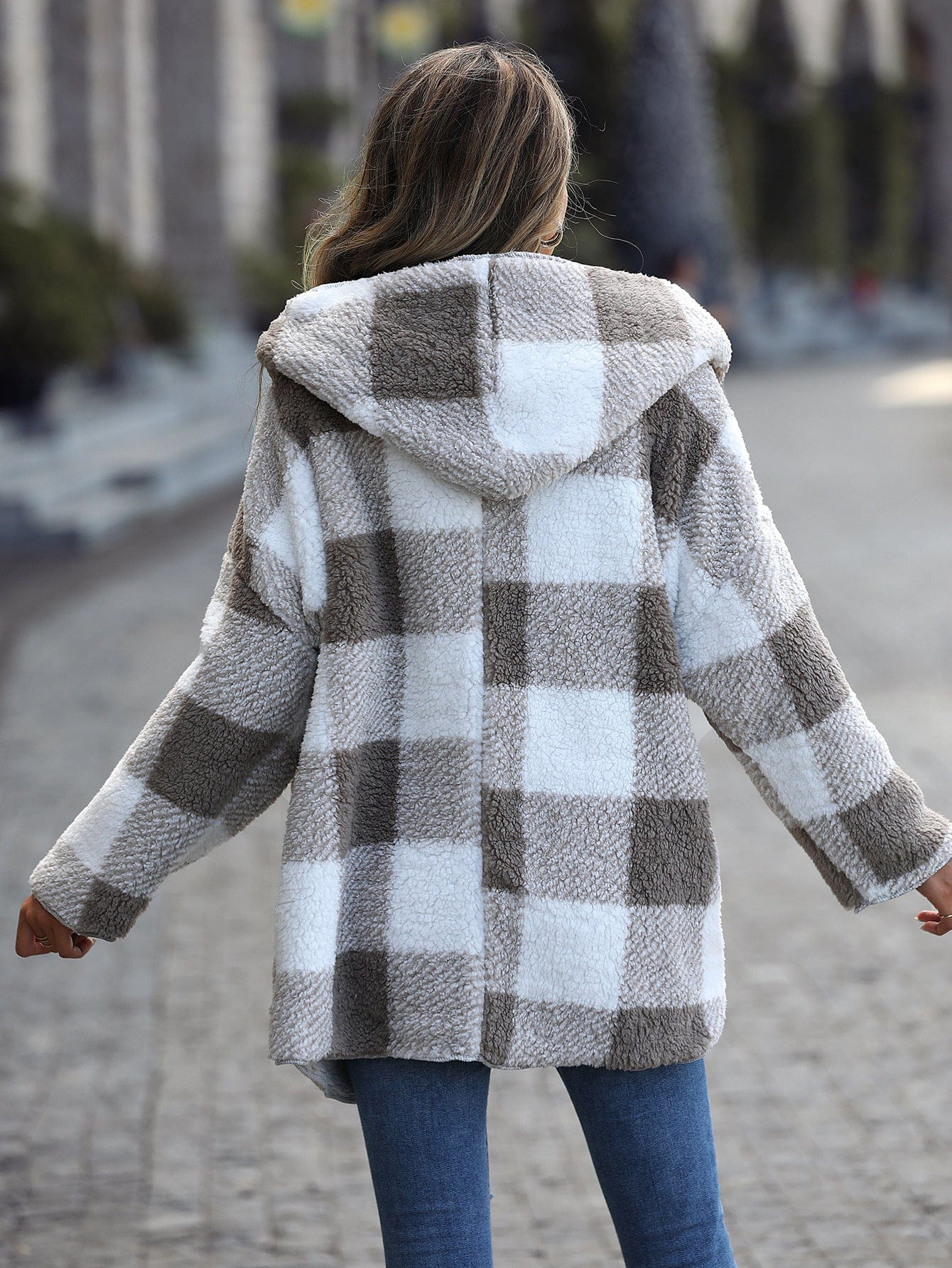 Elodie Check Print Plush Hooded Coat