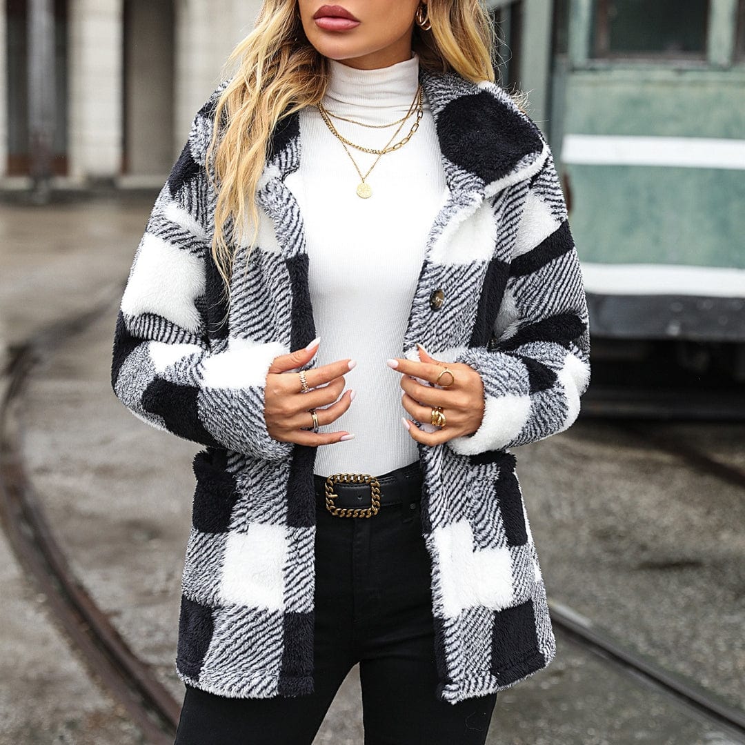 Melisande Boxy Coat in Check Fluffy Borg