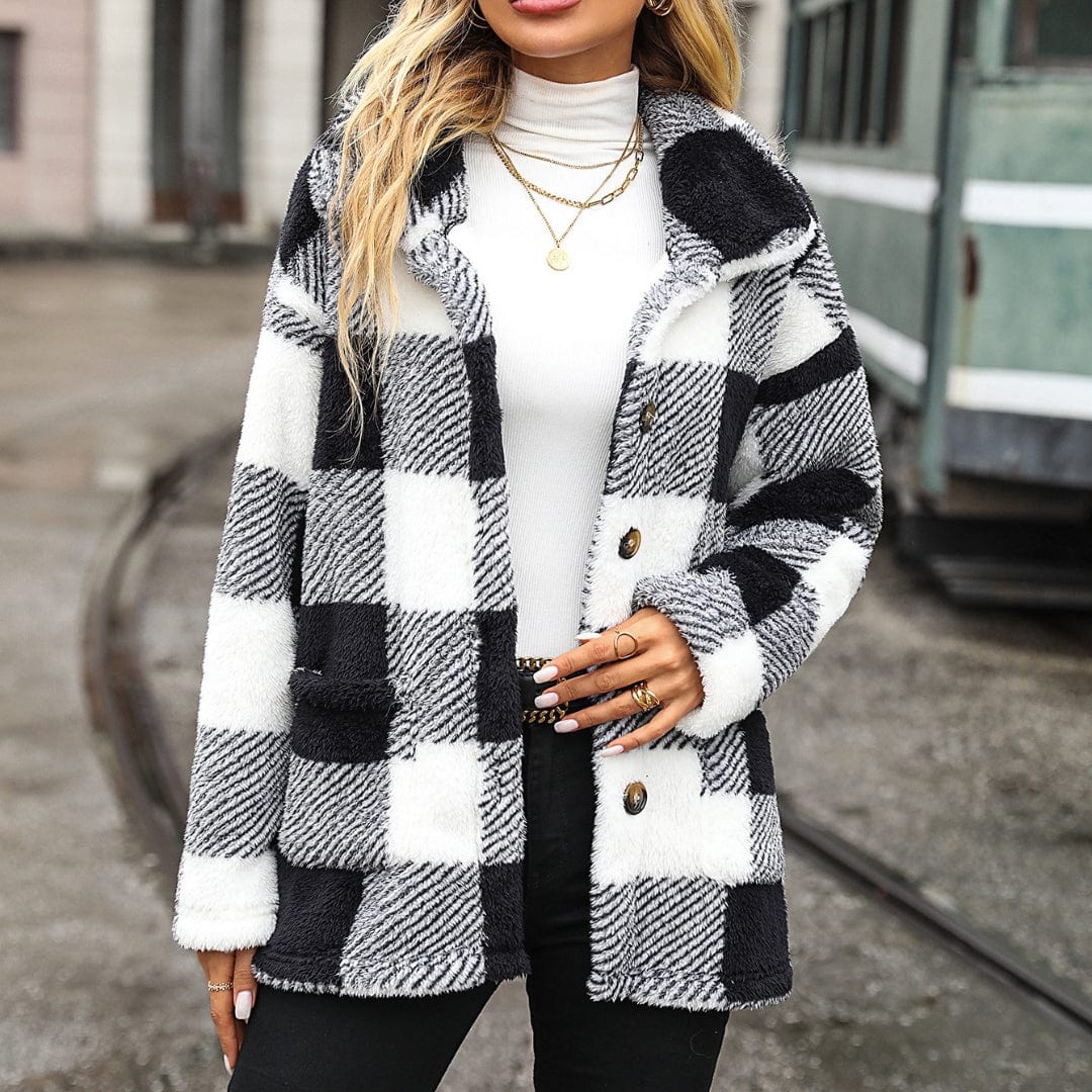 Melisande Boxy Coat in Check Fluffy Borg